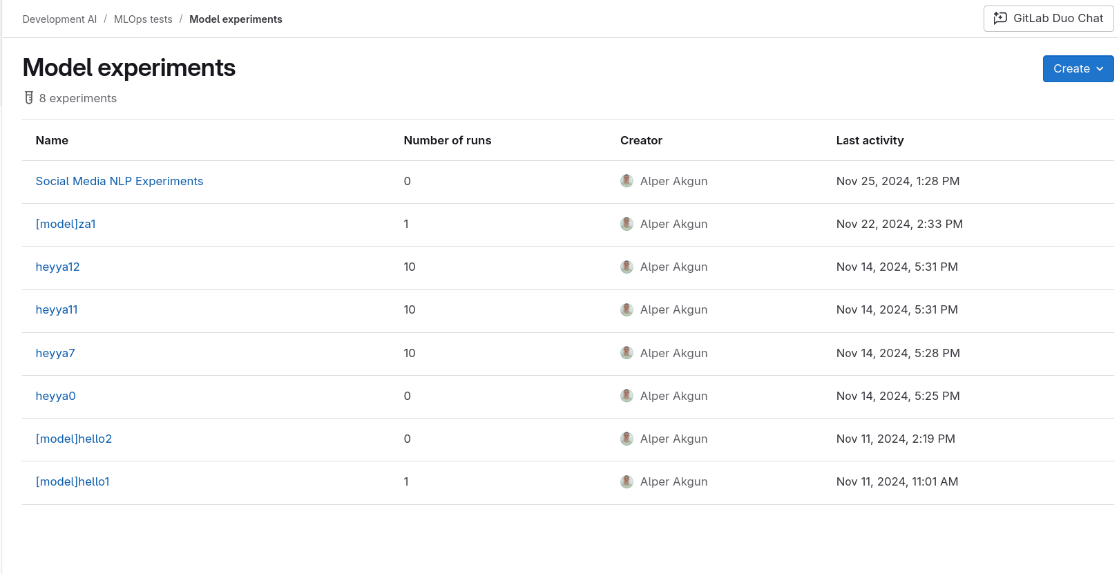 Model experiment table showing models and their number of runs, creator and last activity.